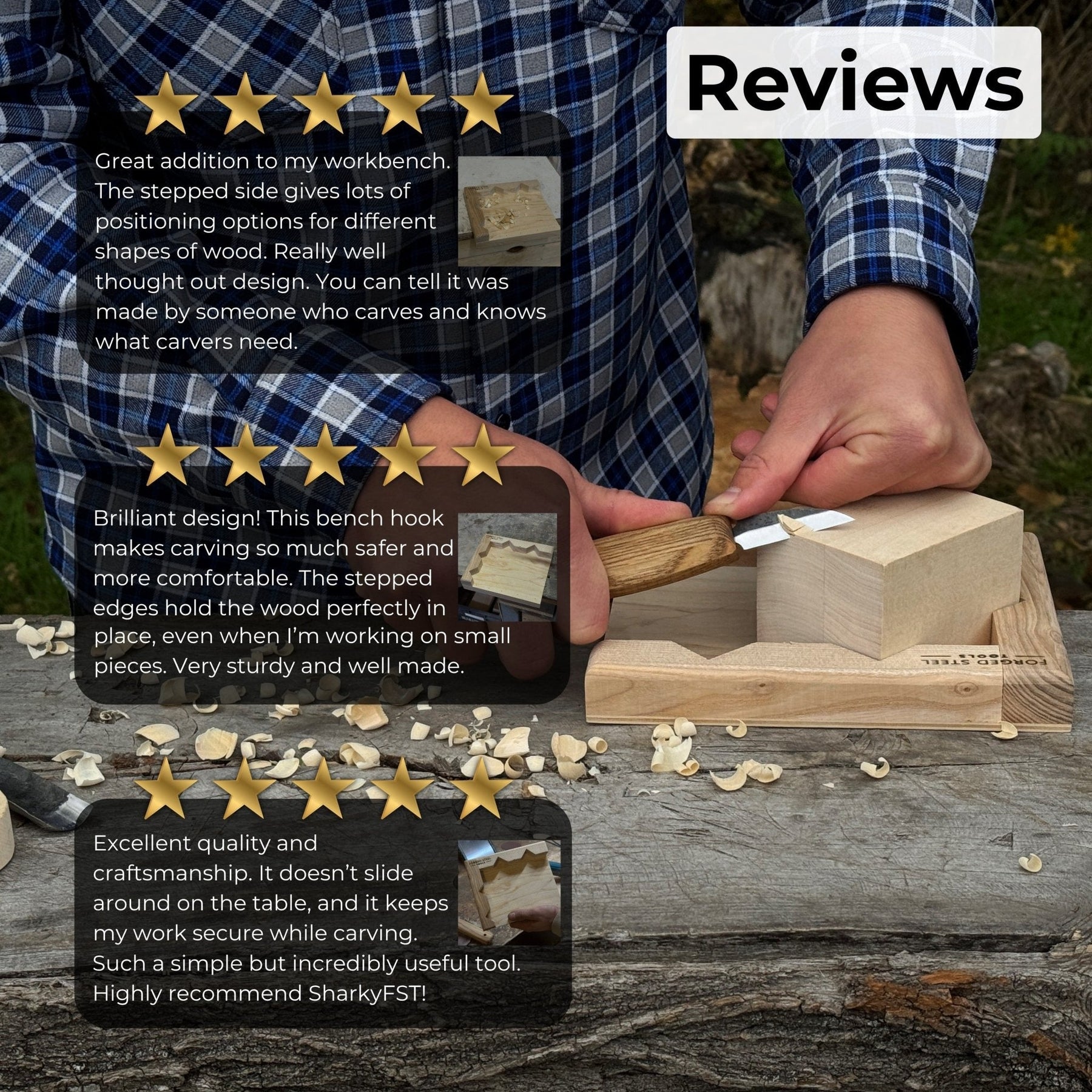 Bench Hook for Wood Carving and Chiseling – Handcrafted Wooden Work Support detail view by Sharky Forged Steel Tools