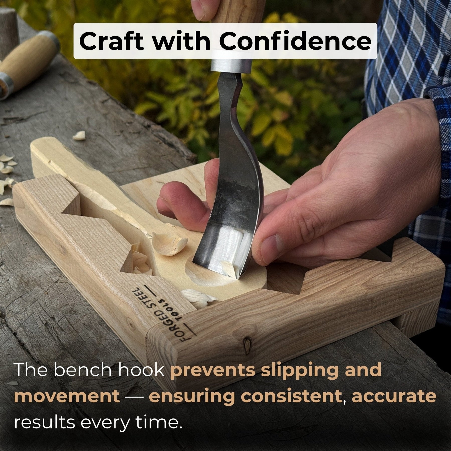 Bench Hook for Wood Carving and Chiseling – Handcrafted Wooden Work Support detail view by Sharky Forged Steel Tools