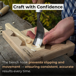 Bench Hook for Wood Carving and Chiseling – Handcrafted Wooden Work Support detail view by Sharky Forged Steel Tools