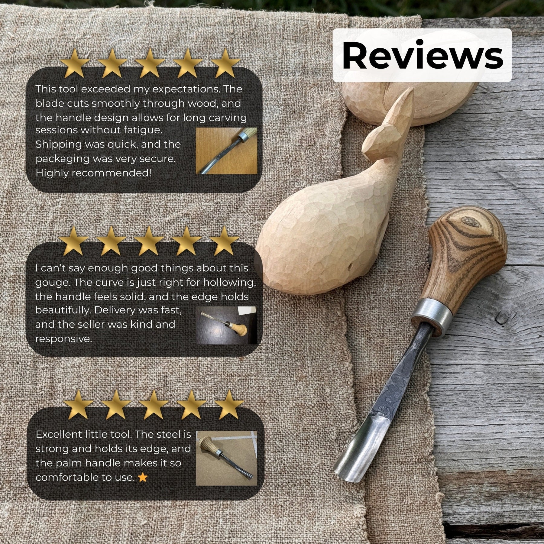 Bent Carving Gouge with Palm Handle – 8 mm / 12 mm (0.31 / 0.47 inches) detail view by Sharky Forged Steel Tools