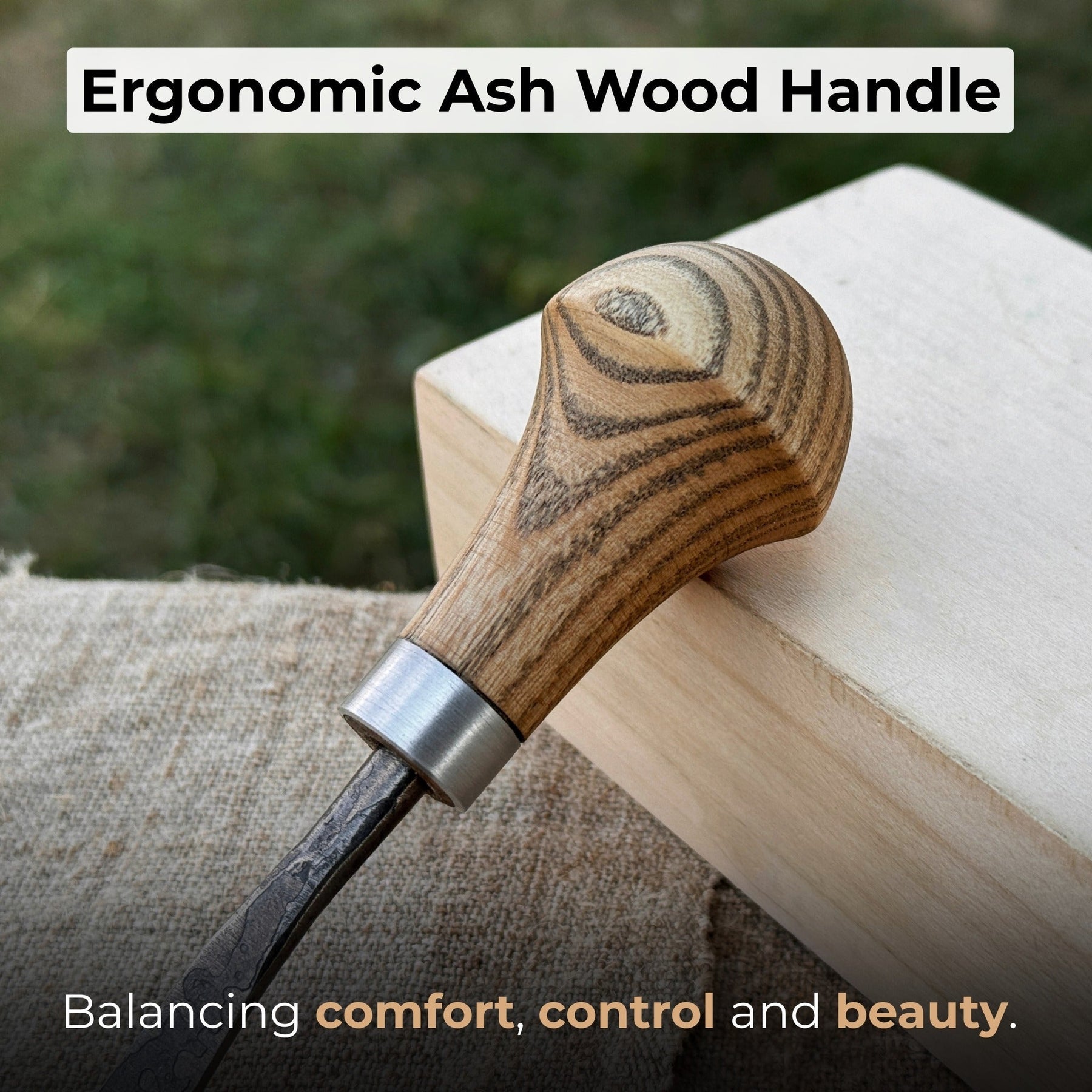Bent Carving Gouge with Palm Handle – 8 mm / 12 mm (0.31 / 0.47 inches) detail view by Sharky Forged Steel Tools