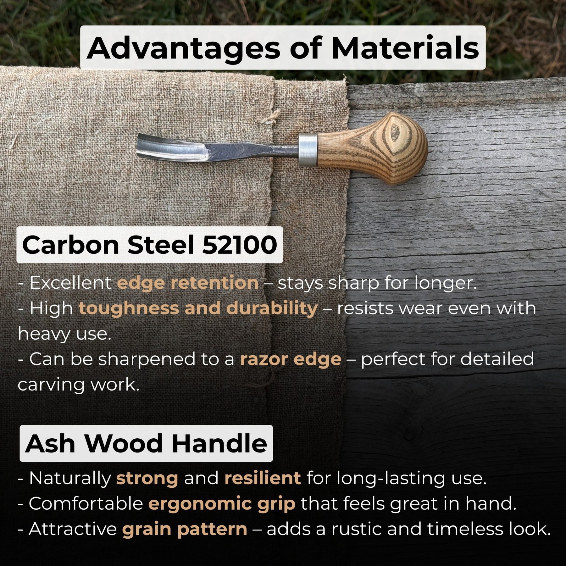 Bent Carving Gouge with Palm Handle – 8 mm / 12 mm (0.31 / 0.47 inches) detail view by Sharky Forged Steel Tools