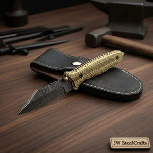 Handmade Damascus Steel Folding Knife with Olive Wood Handle – Brass Liner Pocket Knife by JW SteelCrafts