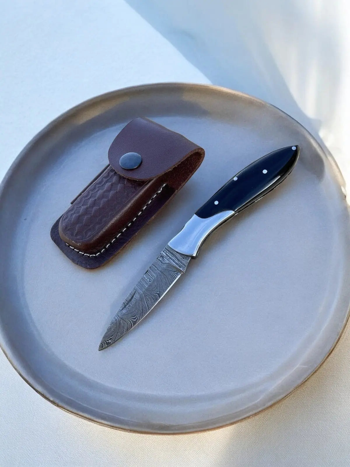 Best folding hunting knife | Leather Case by Damascus Knife Store, Damascus knife main product photo