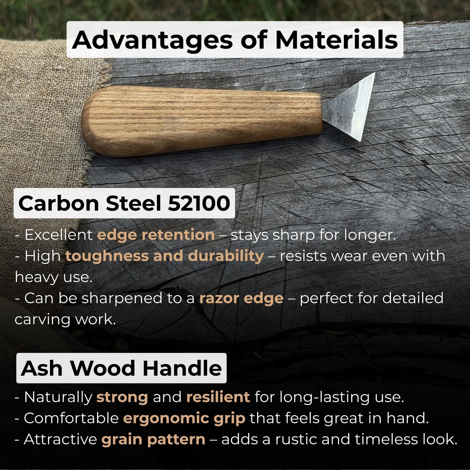 Bevel Edge Carving Knife, 3.5 cm (1.38 inches) detail view by Sharky Forged Steel Tools