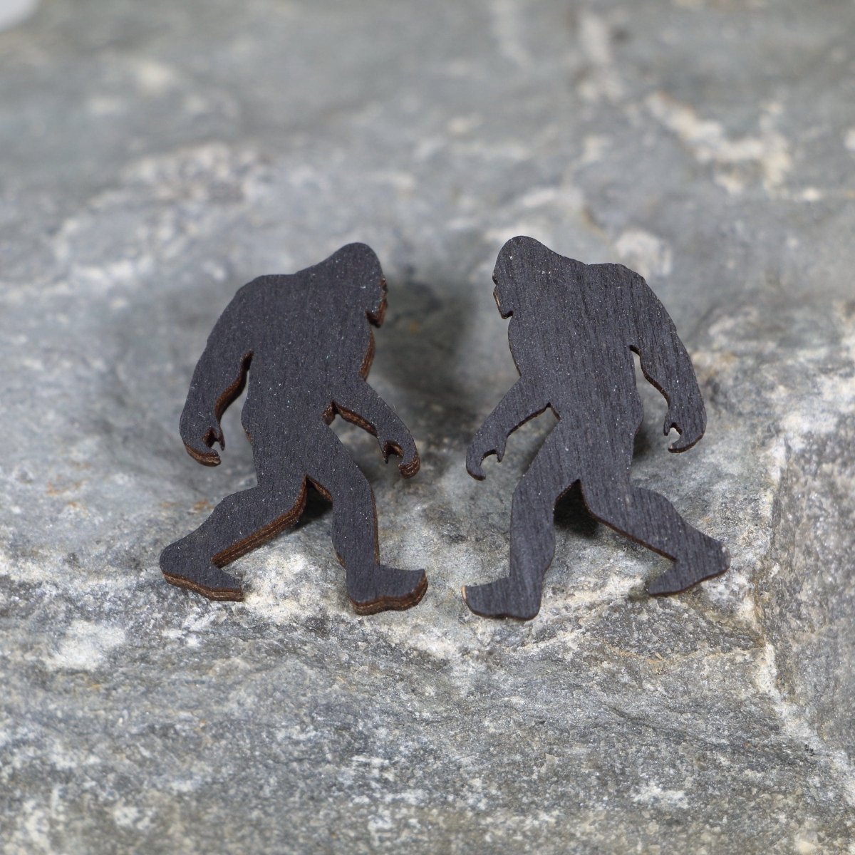 Bigfoot Wooden Dangle Earrings | Sasquatch Cryptid Jewelry detail view by Cate's Concepts, LLC