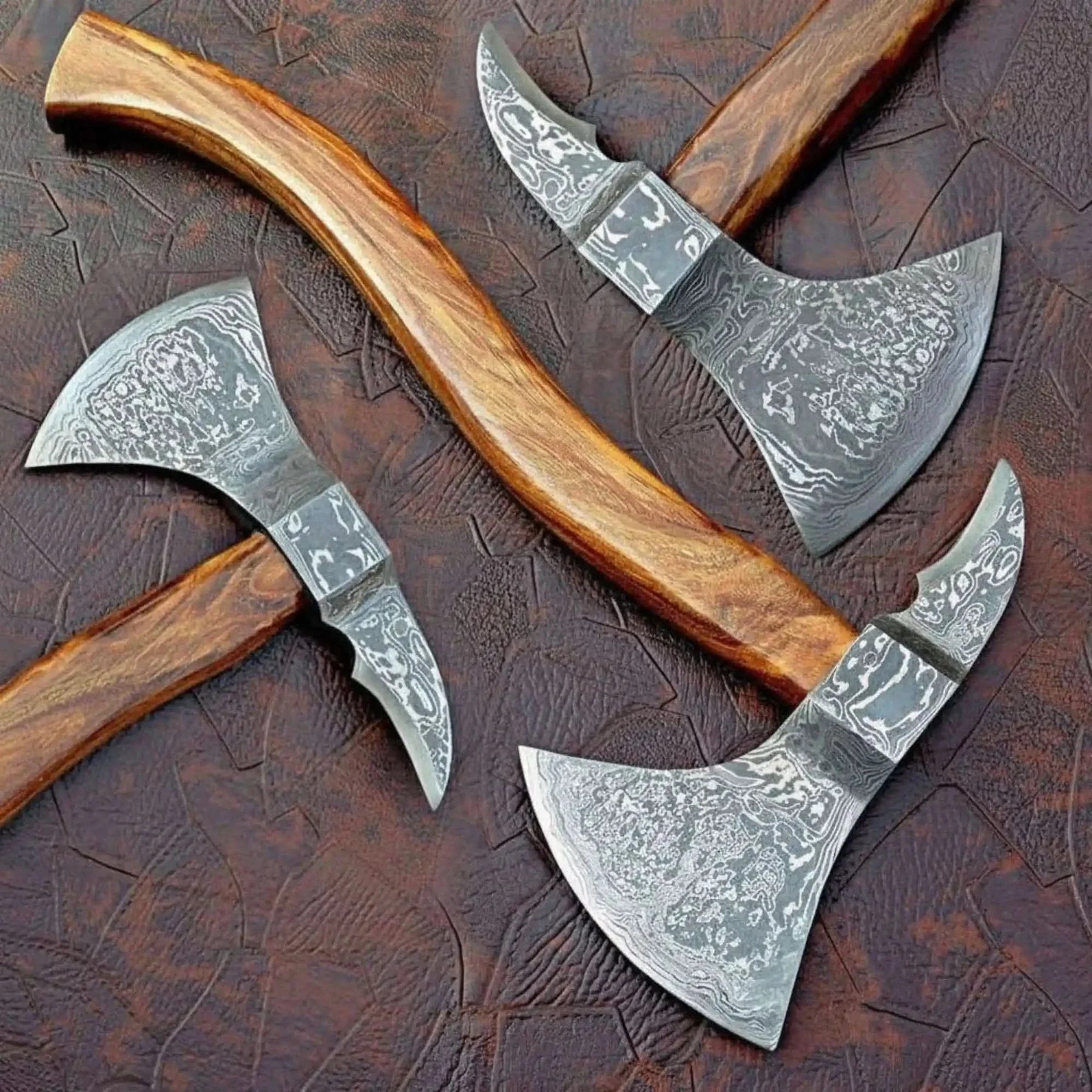 Traditional Norse axe featuring Damascus Heads and Sculpted Hardwood Shafts by JW SteelCrafts, handmade jewelry main product photo