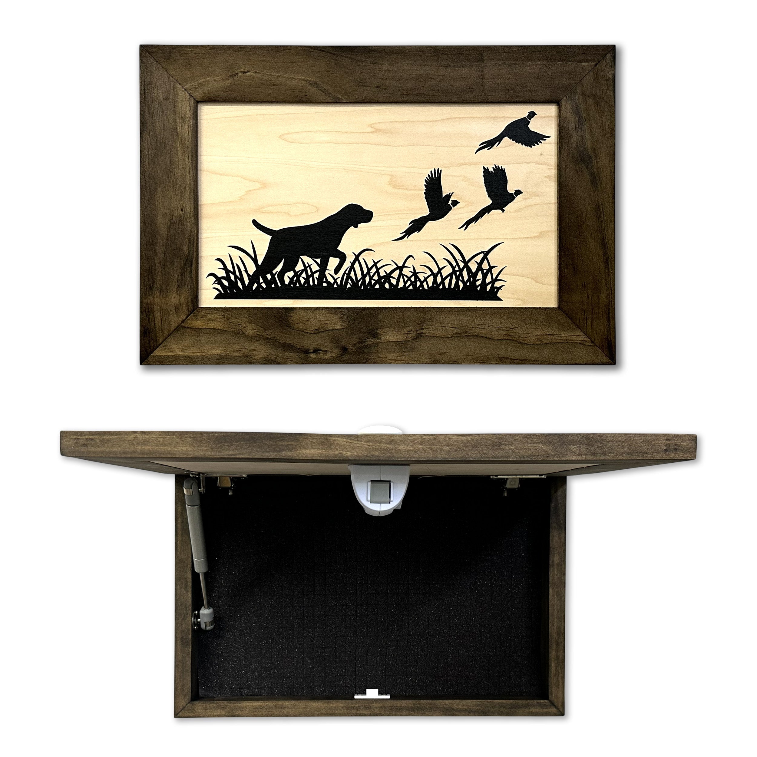 Pointer Dog Pheasant Hunting Concealment Furniture Hidden Gun Storage Concealed Shelf by Bellewood Designs