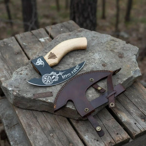 Viking Rune Engraved Bearded Axe Pizza Cutter — Carbon Steel Blade, Ash Wood Handle detail view by JW SteelCrafts