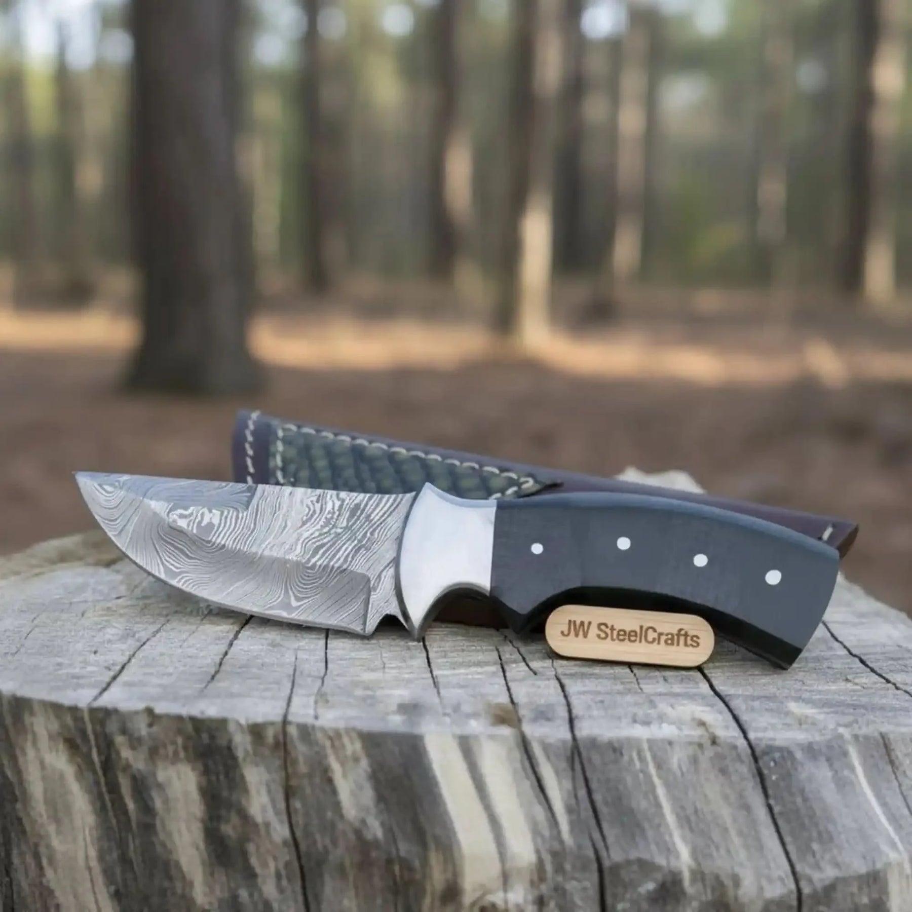 Damascus Skinner Knife Green Black Micarta Handle 3 Inch Blade by JW SteelCrafts, Damascus knife main product photo