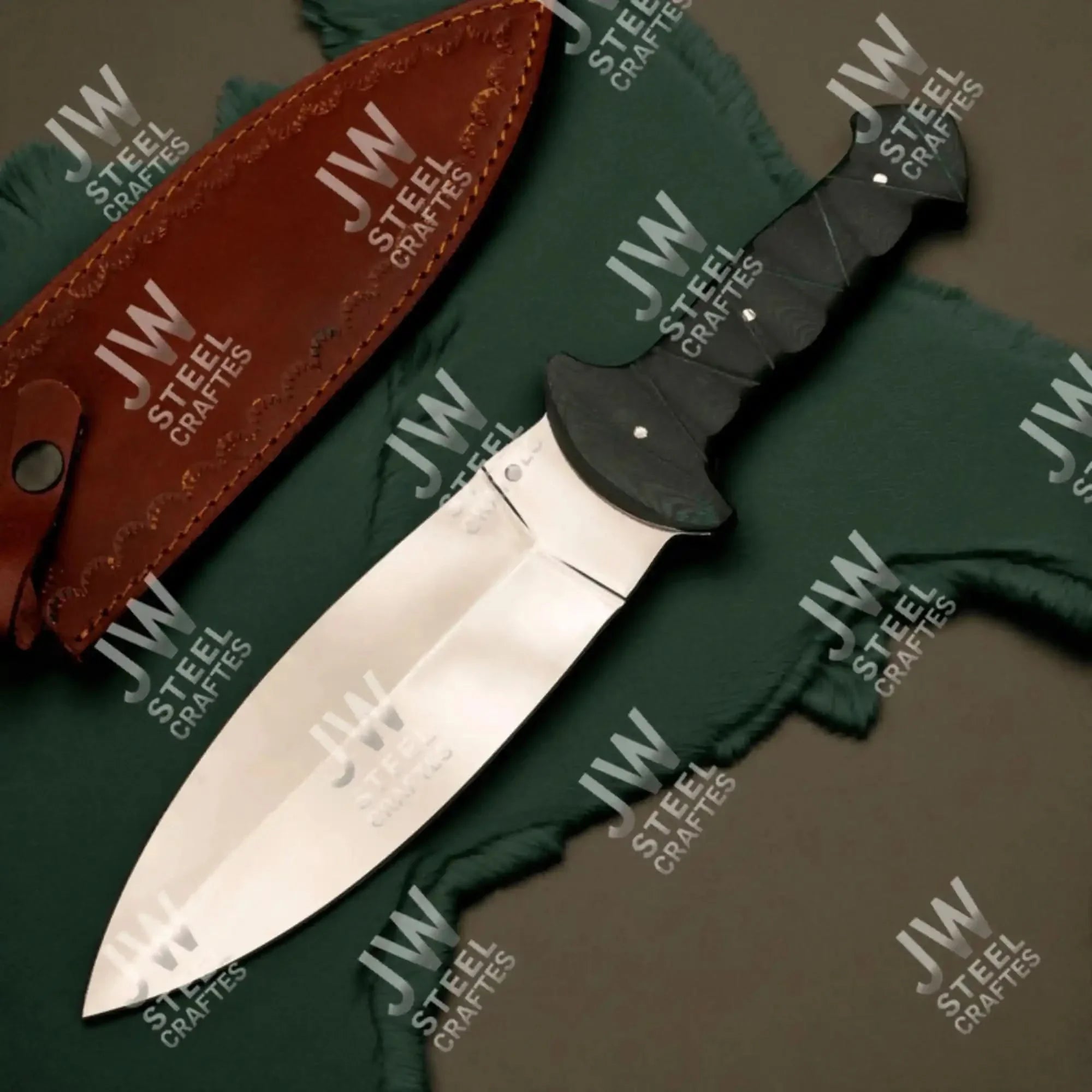 Hand-Forged J2 Stainless Steel Outdoor Utility Knife – Micarta Handle, Leather Sheath by JW SteelCrafts, leather knife sheath main product photo