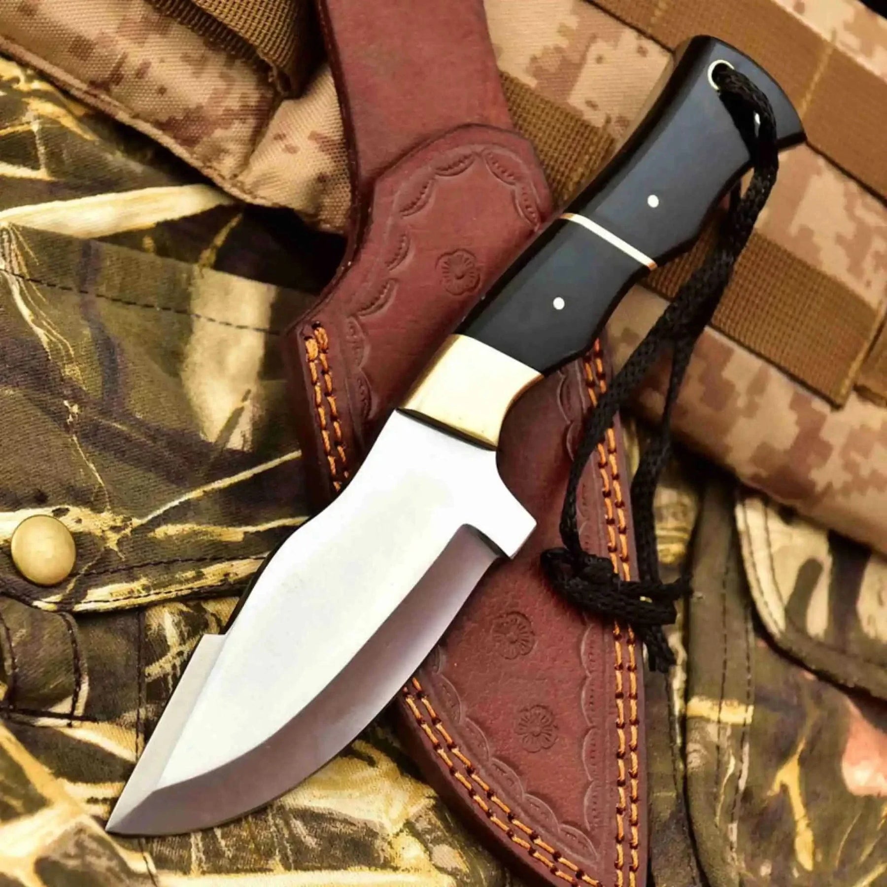 Handcrafted Stainless Steel Outdoor Knife with Black Resin Handle | JW SteelCrafts by JW SteelCrafts, Damascus knife main product photo
