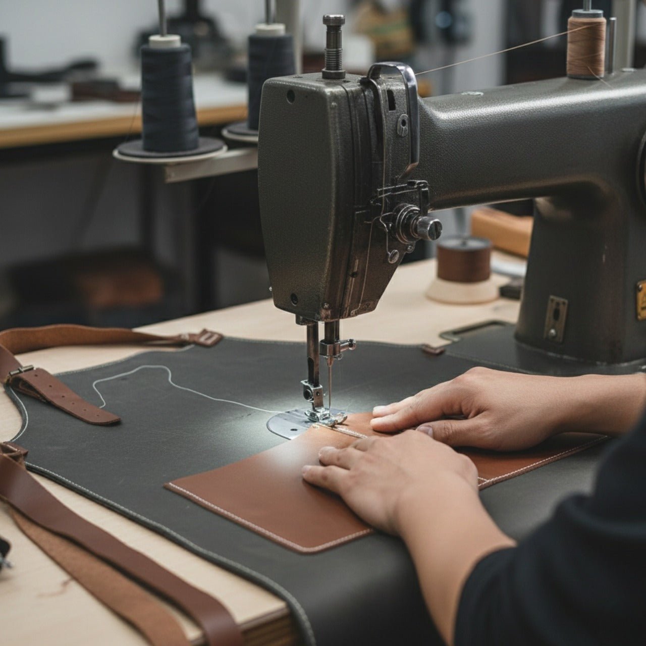 Black Leather Apron with Adjustable Straps and Pockets detail view by Sharky Forged Steel Tools