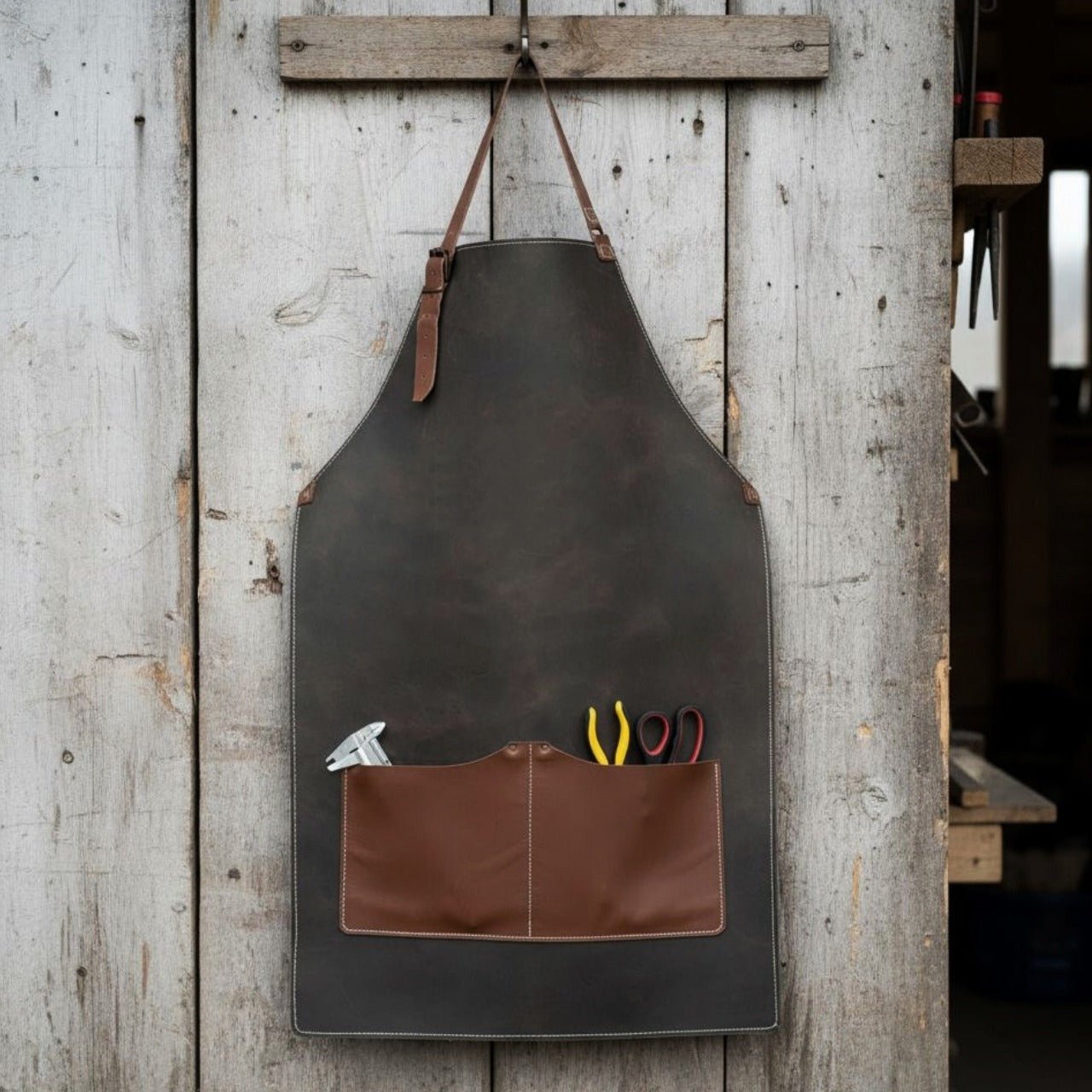 Black Leather Apron with Adjustable Straps and Pockets detail view by Sharky Forged Steel Tools