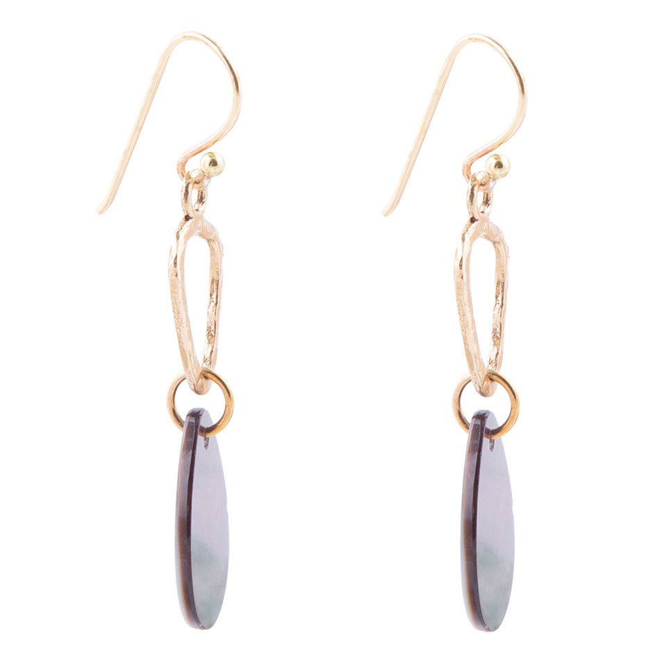 Black Mother of Pearl and Bronze Drop Earrings detail view by Barse Jewelry