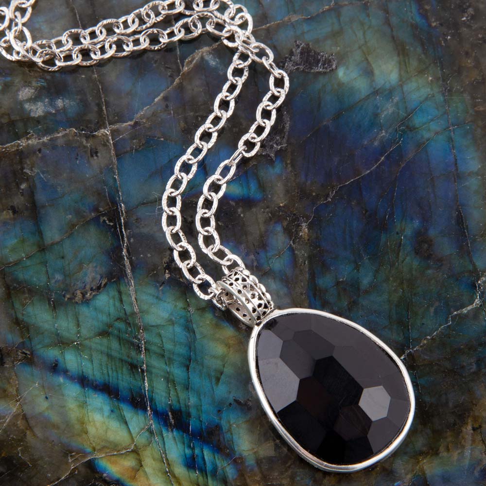 Black Onyx and Sterling Silver Teardrop Pendant Necklace detail view by Barse Jewelry