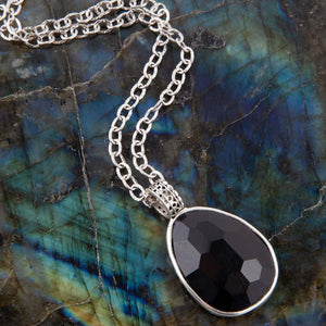 Black Onyx and Sterling Silver Teardrop Pendant Necklace detail view by Barse Jewelry