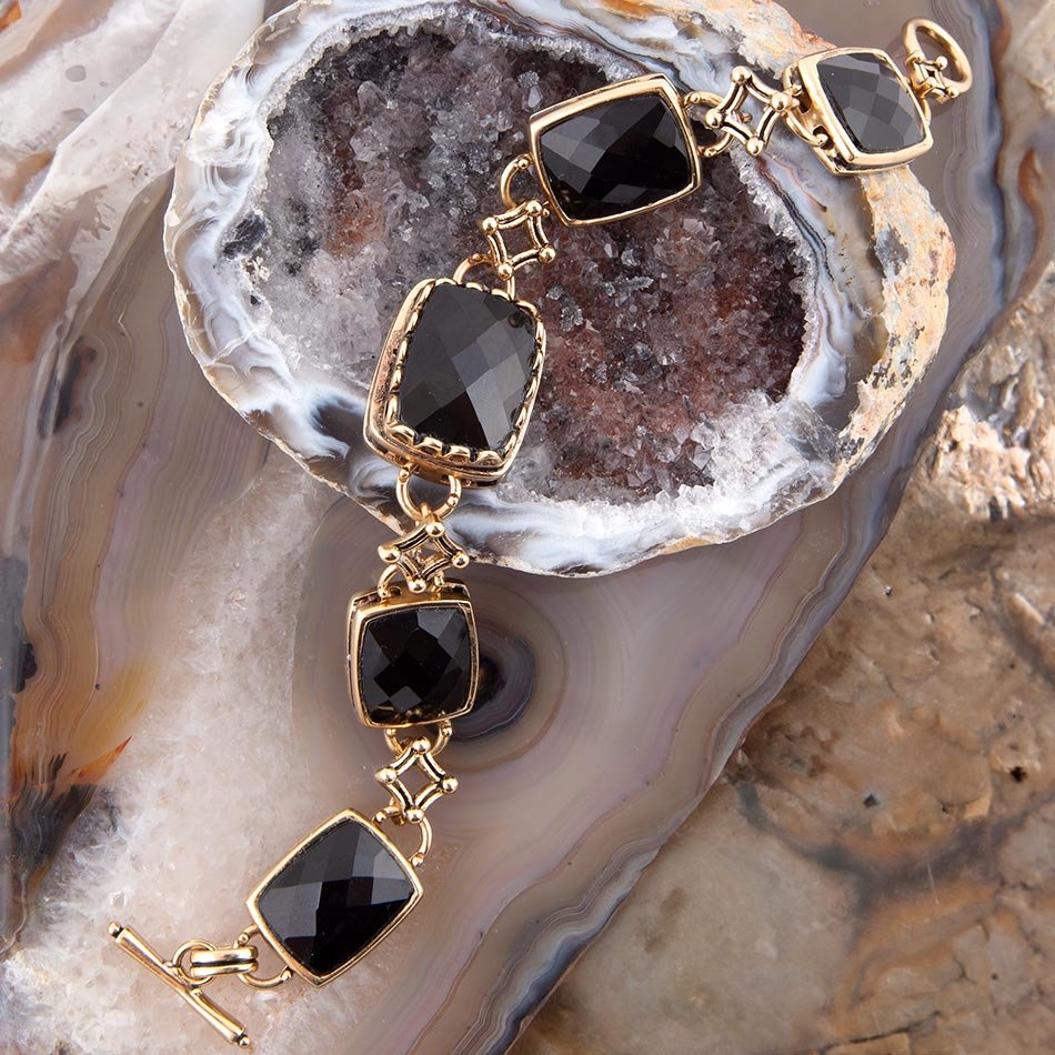 Black Onyx Golden Link Bracelet detail view by Barse Jewelry
