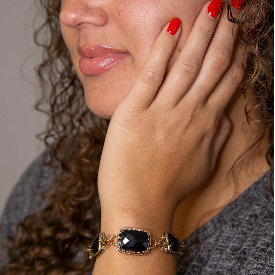 Black Onyx Golden Link Bracelet detail view by Barse Jewelry