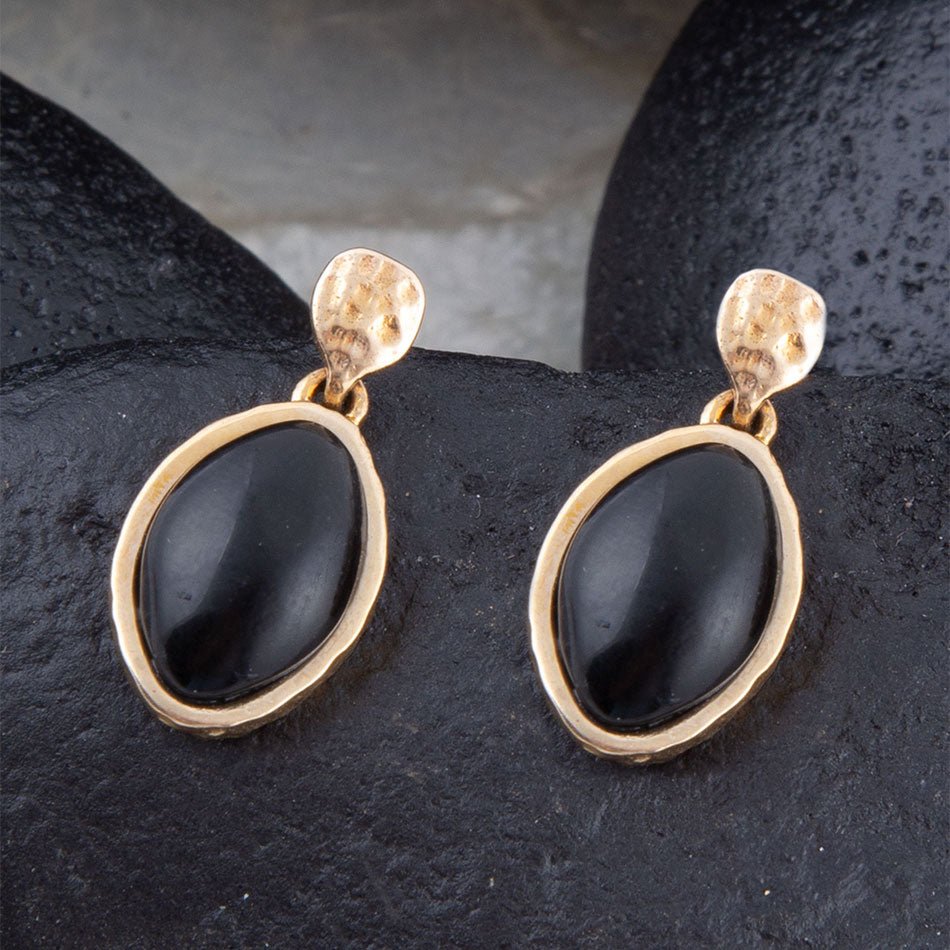 Black Onyx Hammered Post Drop Golden Earrings detail view by Barse Jewelry