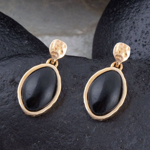 Black Onyx Hammered Post Drop Golden Earrings detail view by Barse Jewelry