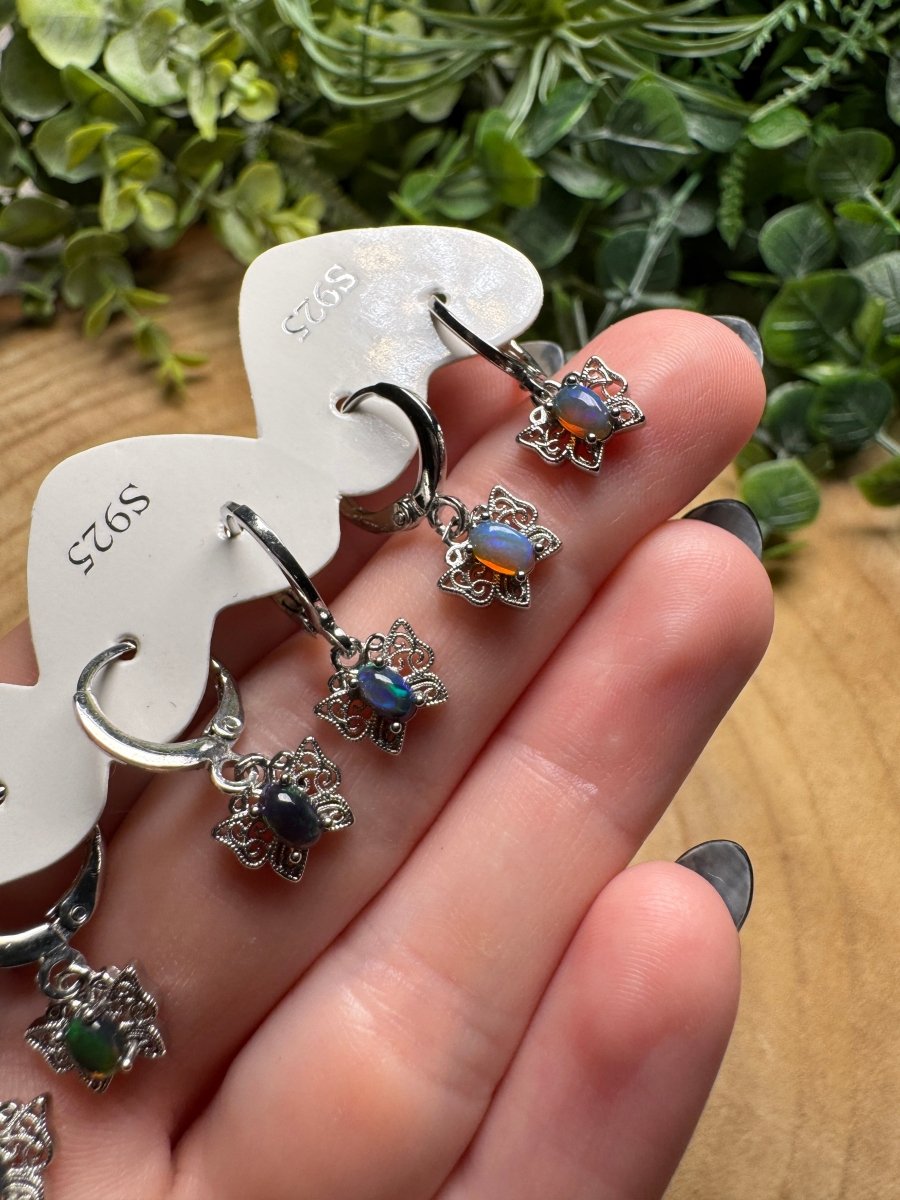Black Opal Butterfly Huggie Earrings detail view by Copper Ashes