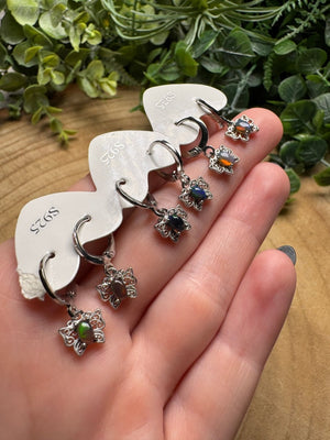 Black Opal Butterfly Huggie Earrings detail view by Copper Ashes