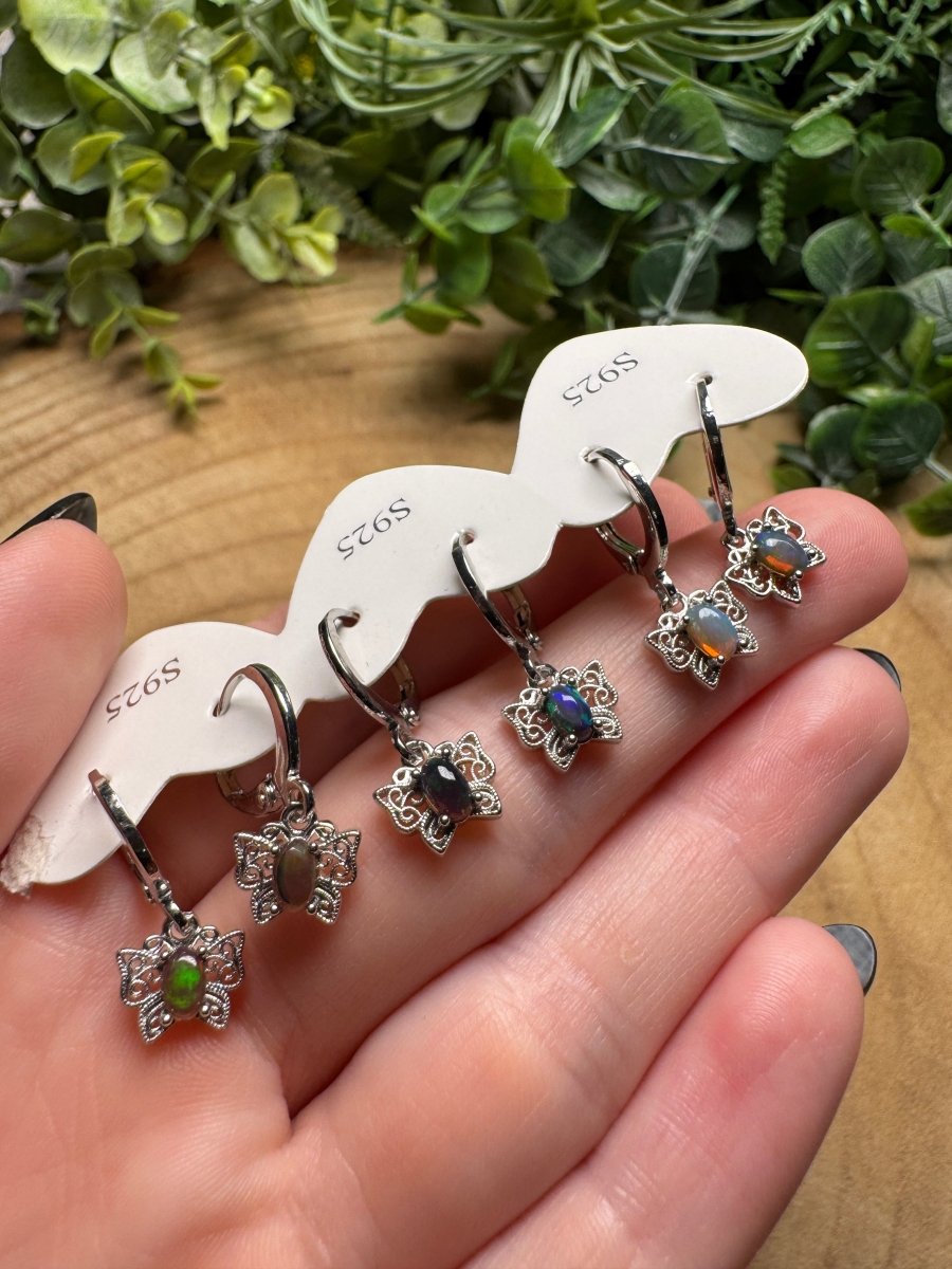 Black Opal Butterfly Huggie Earrings by Copper Ashes