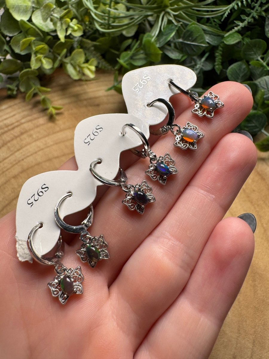 Black Opal Butterfly Huggie Earrings detail view by Copper Ashes