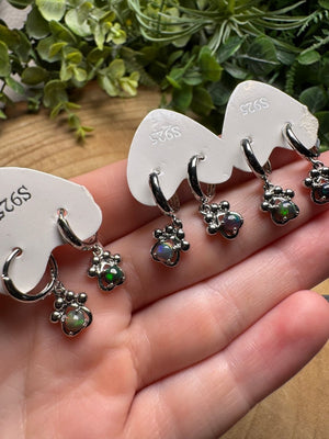 Black Opal Paw Print Huggie Earrings detail view by Copper Ashes
