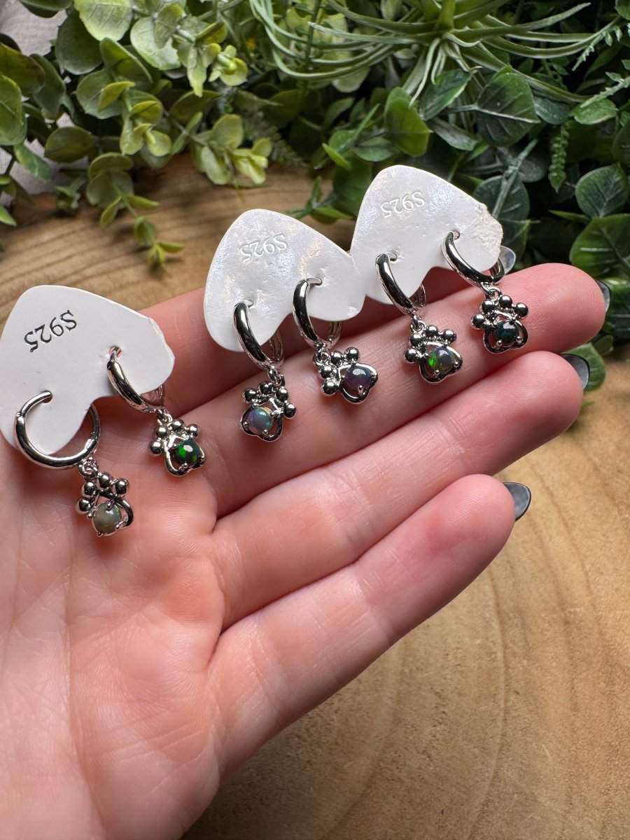 Black Opal Paw Print Huggie Earrings by Copper Ashes