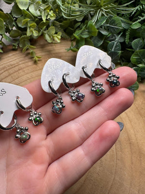 Black Opal Paw Print Huggie Earrings detail view by Copper Ashes