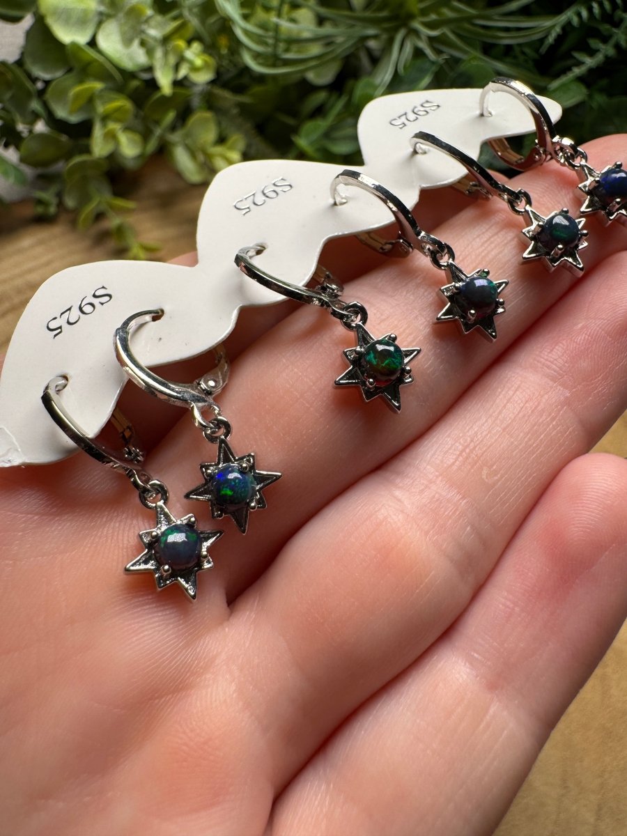 Black Opal Star Huggie Earrings detail view by Copper Ashes