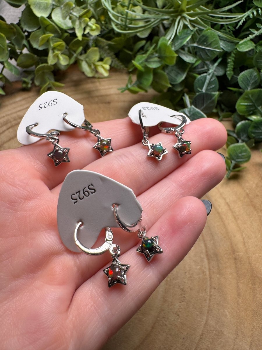 Black Opal Star Huggie Earrings detail view by Copper Ashes