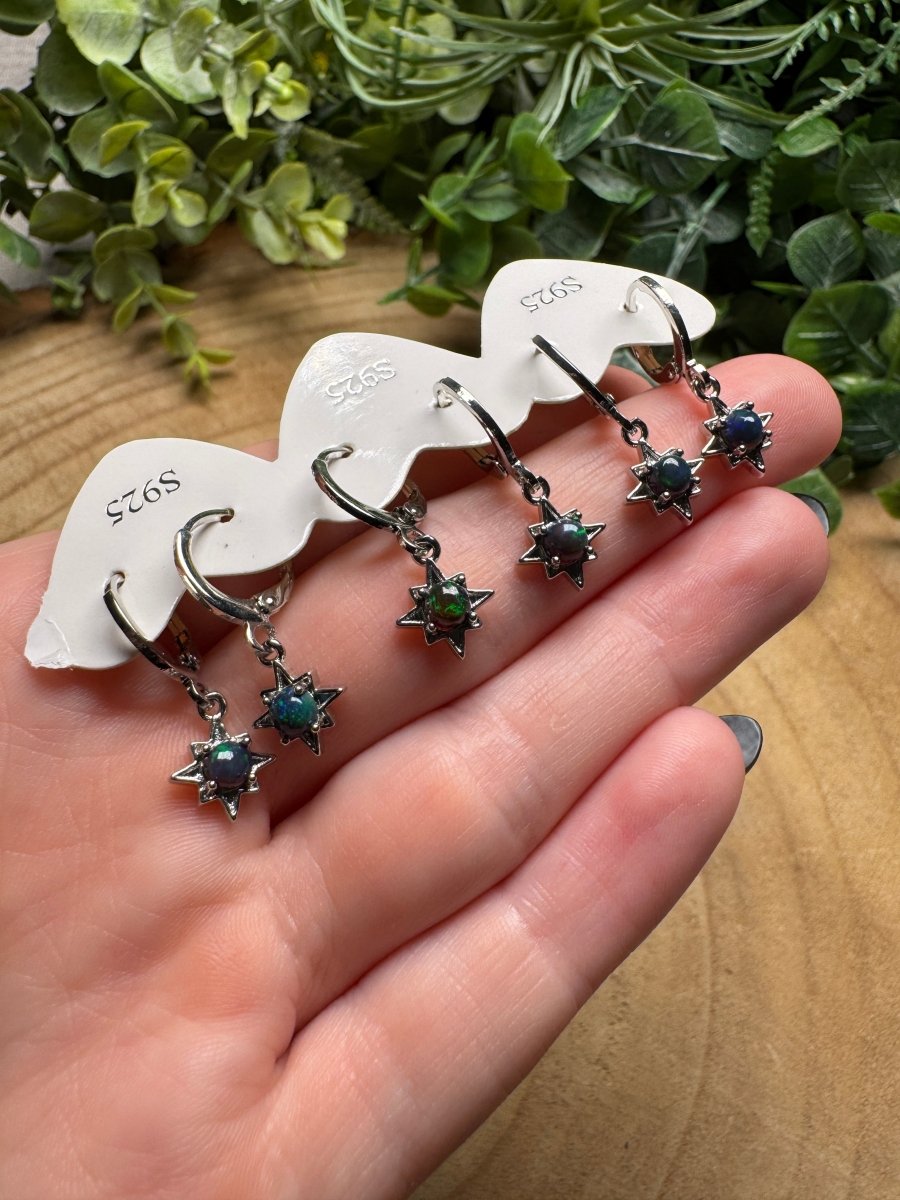 Black Opal Star Huggie Earrings detail view by Copper Ashes