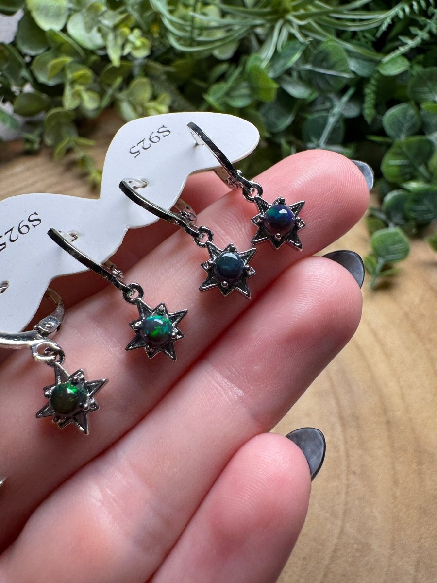 Black Opal Star Huggie Earrings detail view by Copper Ashes