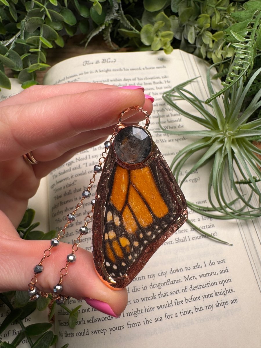 Black Rutile Quartz and Butterfly Wing Necklace with Beaded Chain detail view by Copper Ashes