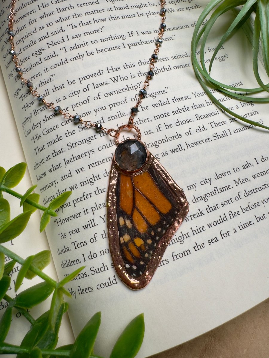 Black Rutile Quartz and Butterfly Wing Necklace with Beaded Chain by Copper Ashes