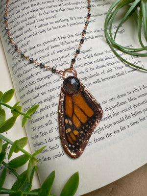 Black Rutile Quartz and Butterfly Wing Necklace with Beaded Chain by Copper Ashes