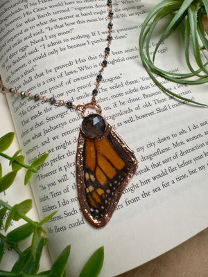 Black Rutile Quartz and Butterfly Wing Necklace with Beaded Chain detail view by Copper Ashes