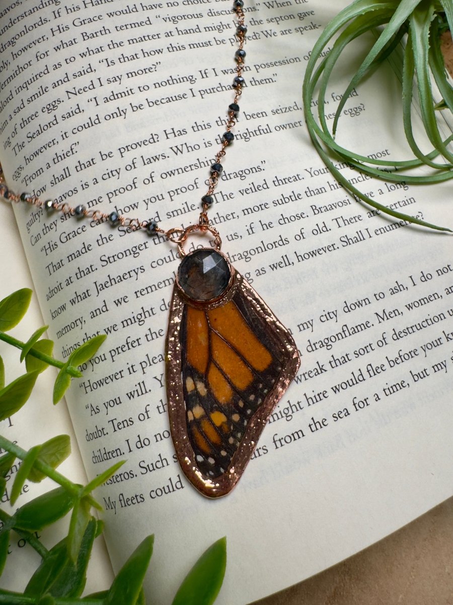 Black Rutile Quartz and Butterfly Wing Necklace with Beaded Chain detail view by Copper Ashes