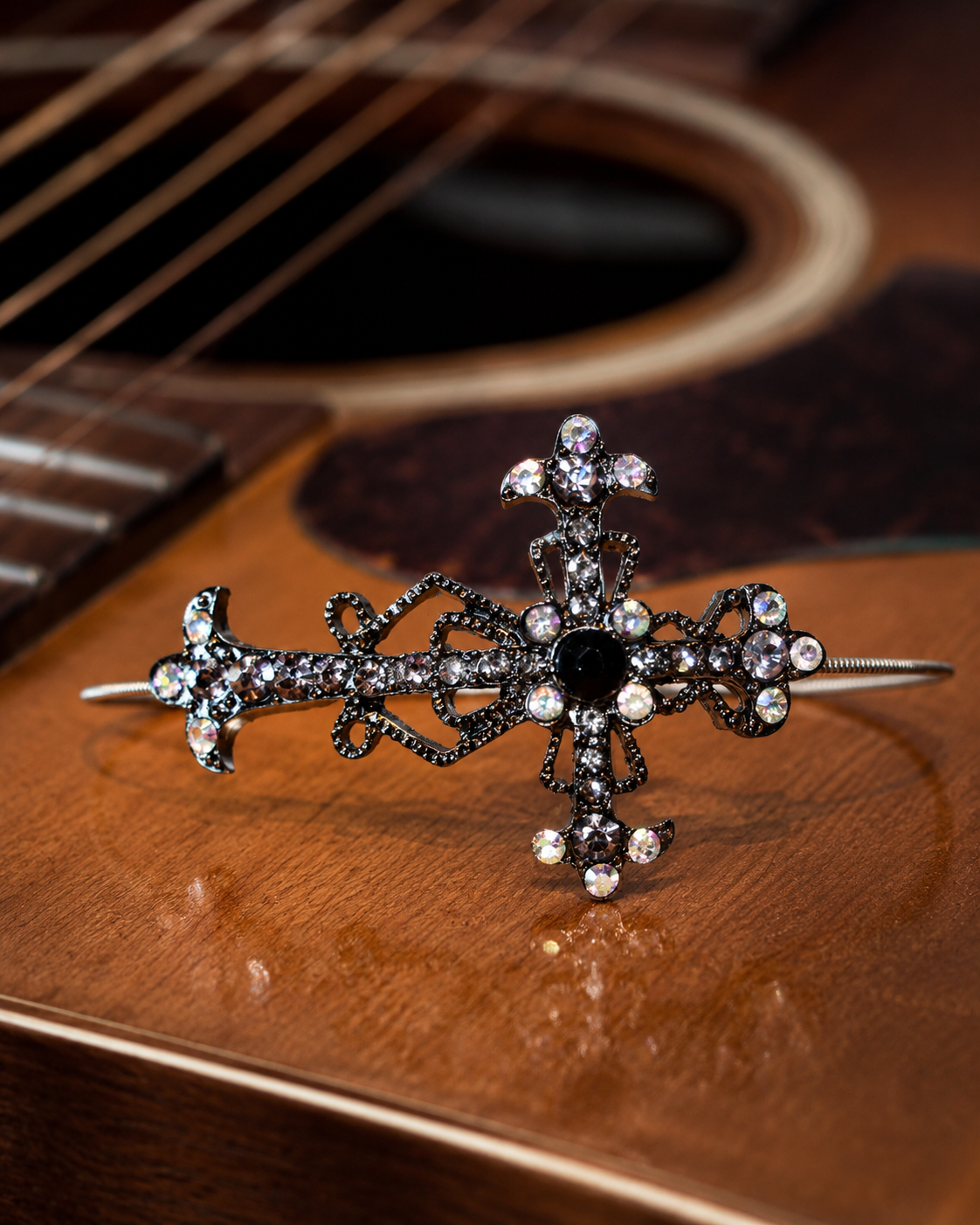 Black Rhinestone Cross Guitar String Bracelet by N Harmony Jewelry, handmade jewelry detail photo 2