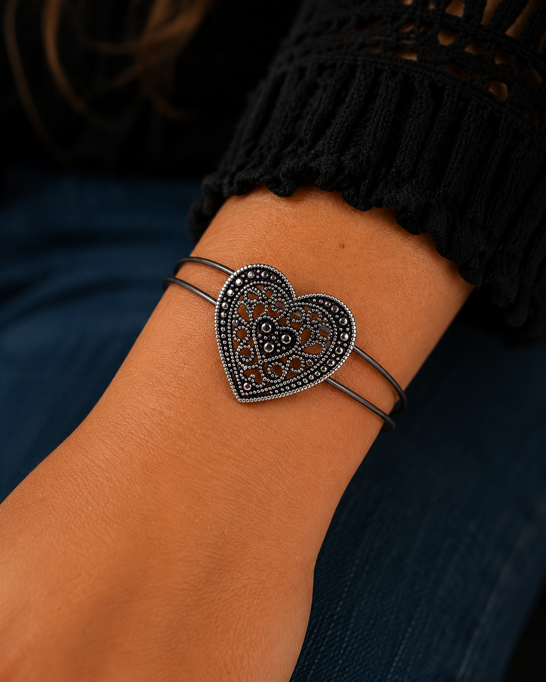 Silver Filigree Heart Guitar String Bracelet by N Harmony Jewelry, handmade jewelry detail photo 2