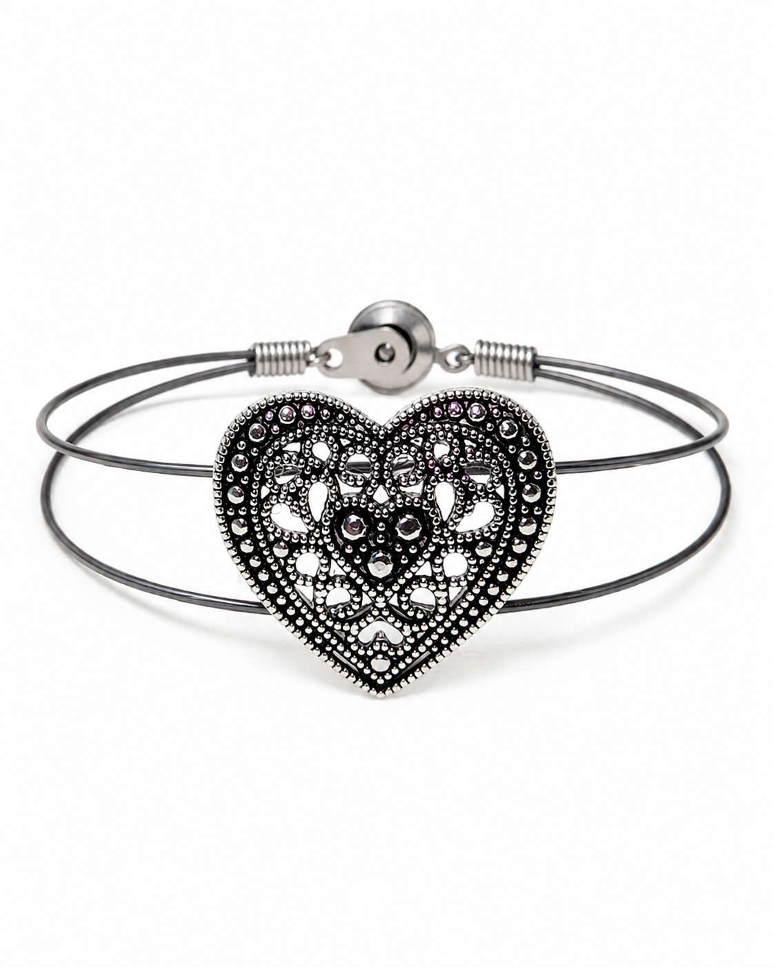 Silver Filigree Heart Guitar String Bracelet by N Harmony Jewelry, handmade jewelry detail photo 3