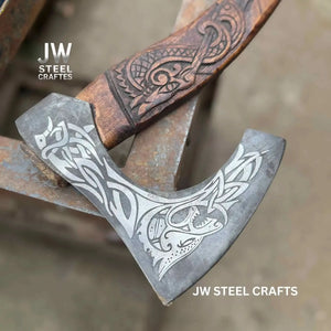 Hand-Engraved Viking Bearded Axe with Carved Hardwood Handle – Damascus Steel Blade | JW SteelCrafts by JW SteelCrafts, Southern lifestyle apparel detail photo 6