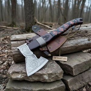 Viking Bearded Axe with Norse Engraved Blade and Leather Sheath by JW SteelCrafts