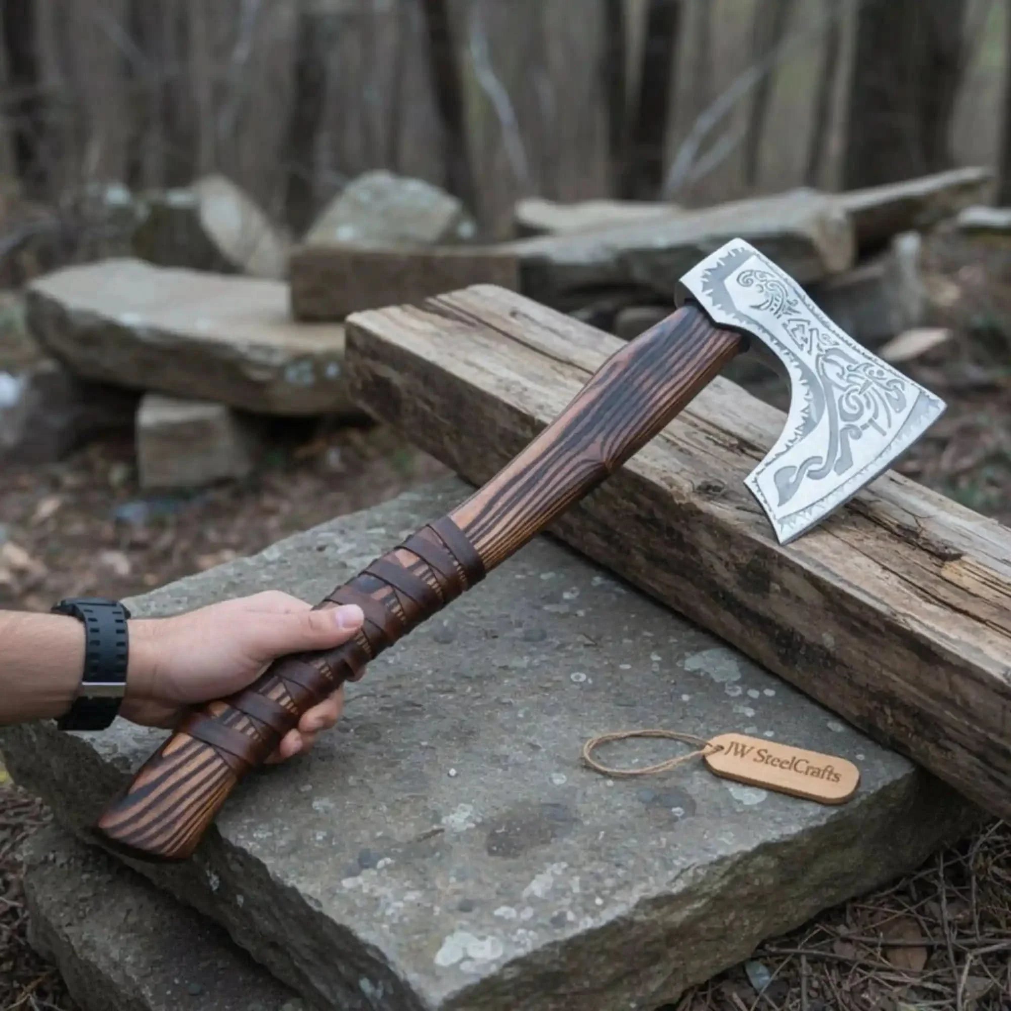 Hand Forged Carbon Steel Viking Axe with Carved Ash Wood Handle and Leather Grip by JW SteelCrafts, Southern lifestyle apparel detail photo 2