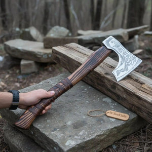 Hand Forged Carbon Steel Viking Axe with Carved Ash Wood Handle and Leather Grip by JW SteelCrafts, Southern lifestyle apparel detail photo 2