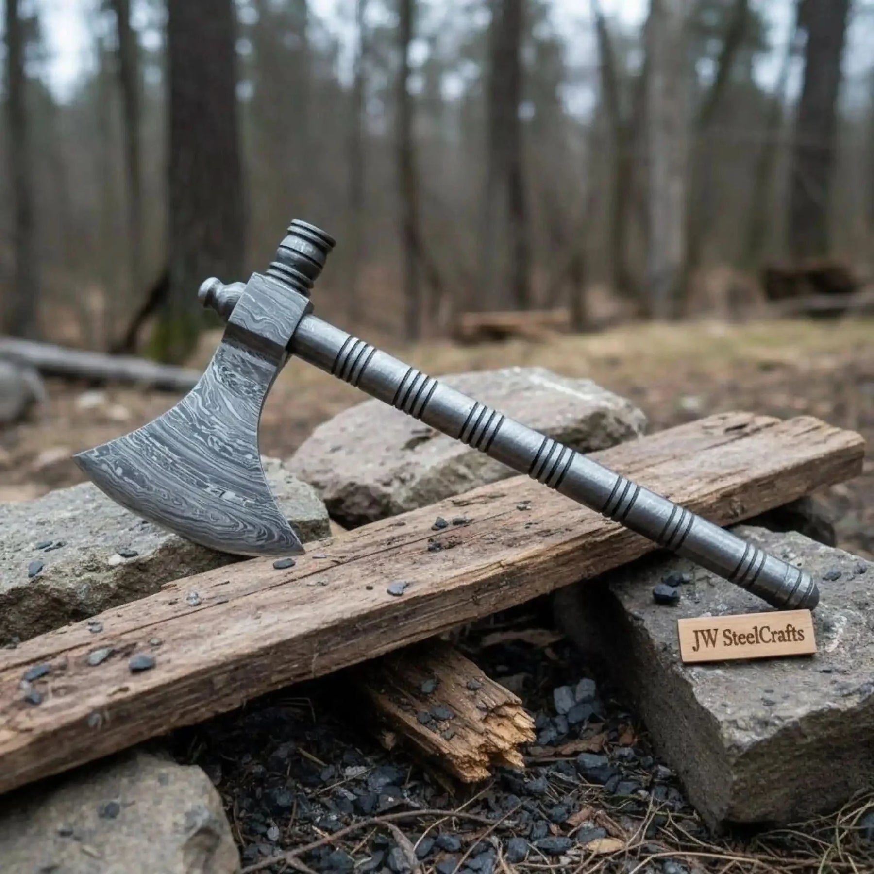 Damascus Steel Smoking Pipe Axe – Hand Forged Functional Pipe Tomahawk with Carved Hardwood Handle | JW SteelCrafts by JW SteelCrafts, Southern lifestyle apparel main product photo