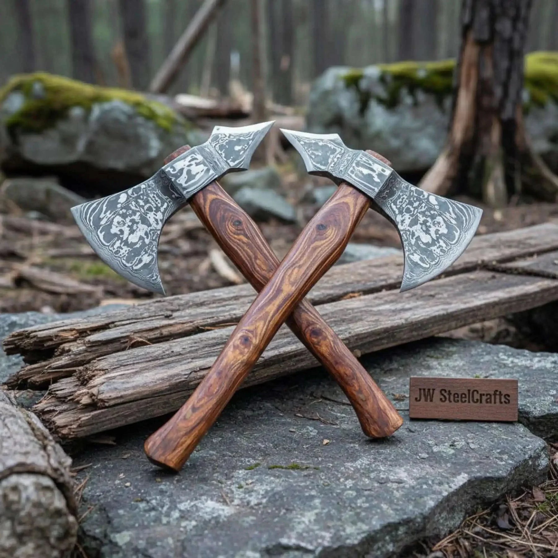 Hand-forged Viking Skeggøx Bearded Axe Set – Pattern-welded Damascus Heads with Hardwood Shafts by JW SteelCrafts, Southern handmade gift main product photo